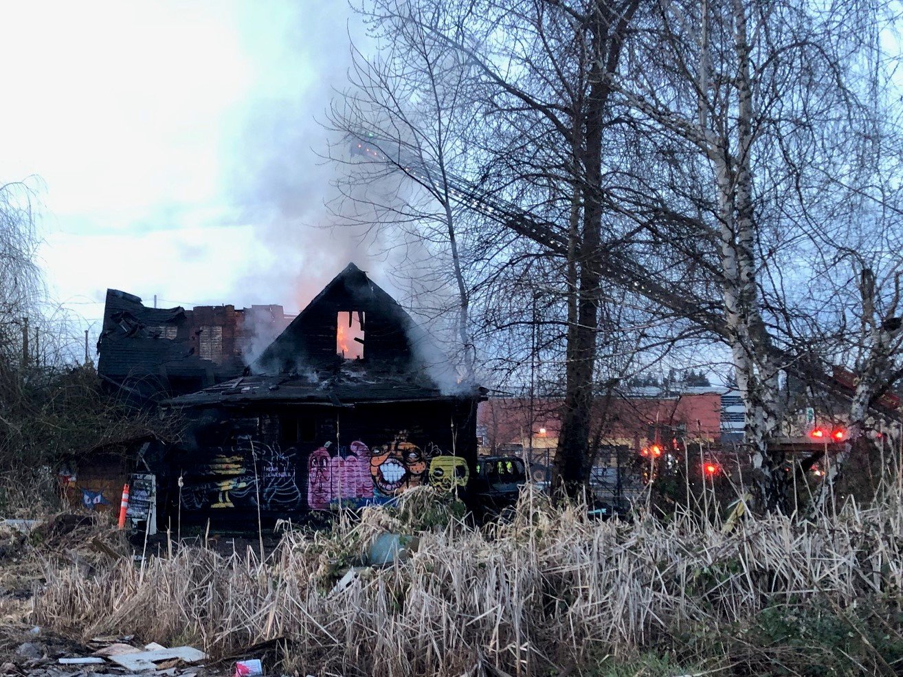 The house at 511 7th Avenue SE continued to burn for approximately four hours. This image is from 7:20 p.m. on Sat., March 18, 2023.